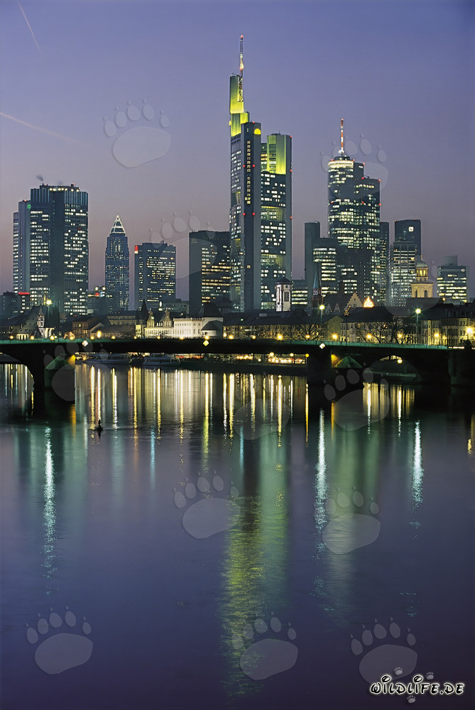 Skyline de Fráncfort de noche con imponentes rascacielos