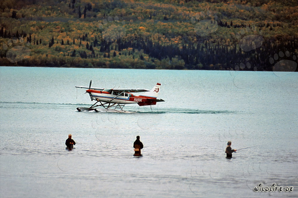 Avion brousse et pêcheur dans la nature sauvage de l'Alaska
