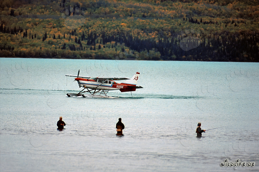 Avión de matorral y pescador en la naturaleza salvaje de Alaska