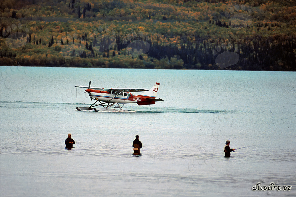 Bush Plane and Fisherman in the Wilderness of Alaska