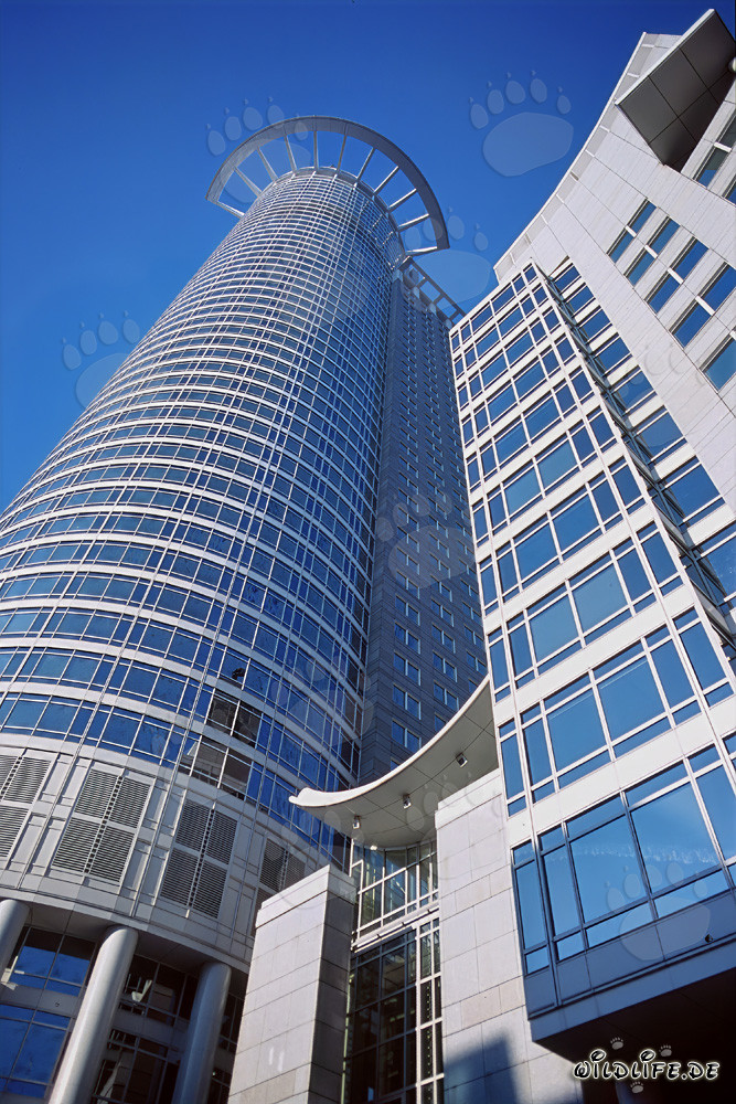 Modernes Hochhaus der DZ-Bank in Frankfurt mit Strahlenkranz und begehbarer Krone