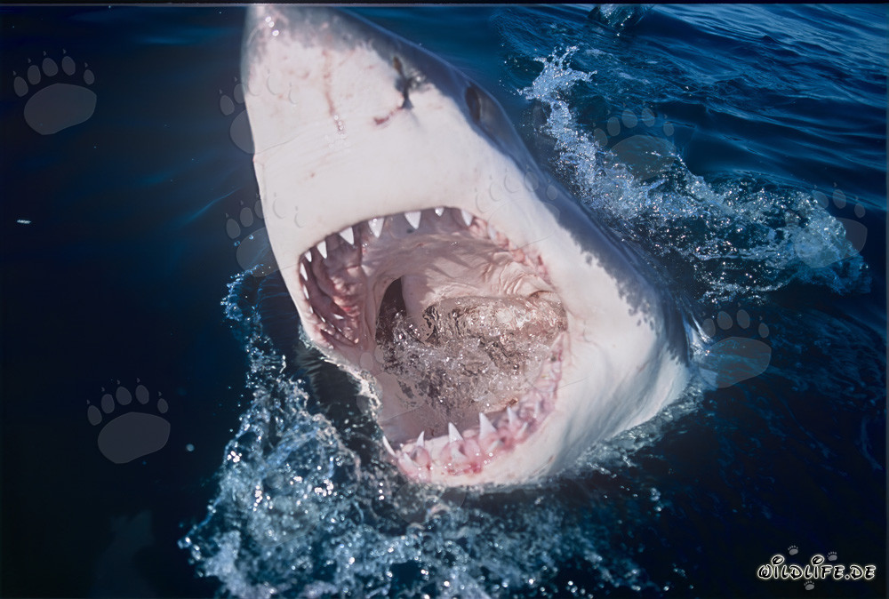 Impresionante tiburón blanco con la boca abierta