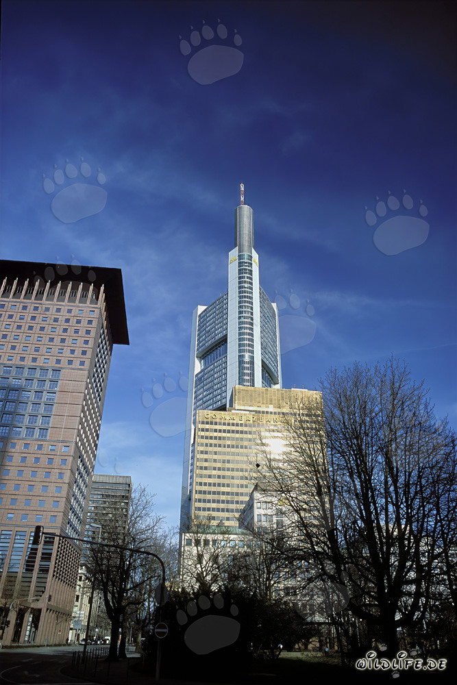 Centre japonais futuriste et bâtiment de la Commerzbank à Francfort-sur-le-Main