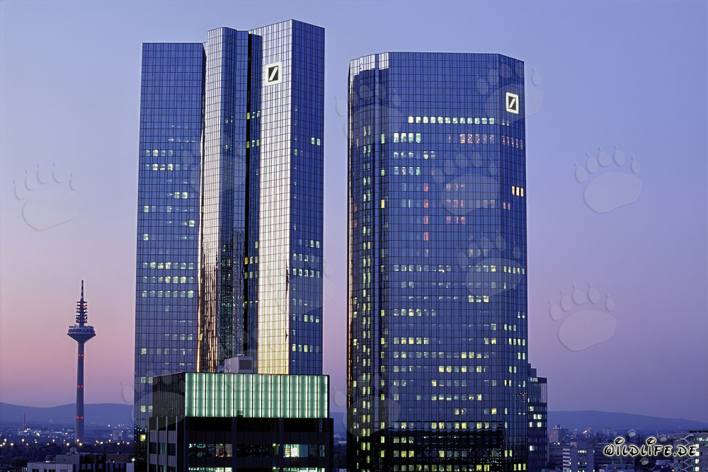 Impressionnants tours jumelles de la Deutsche Bank dans la dernière lumière du jour