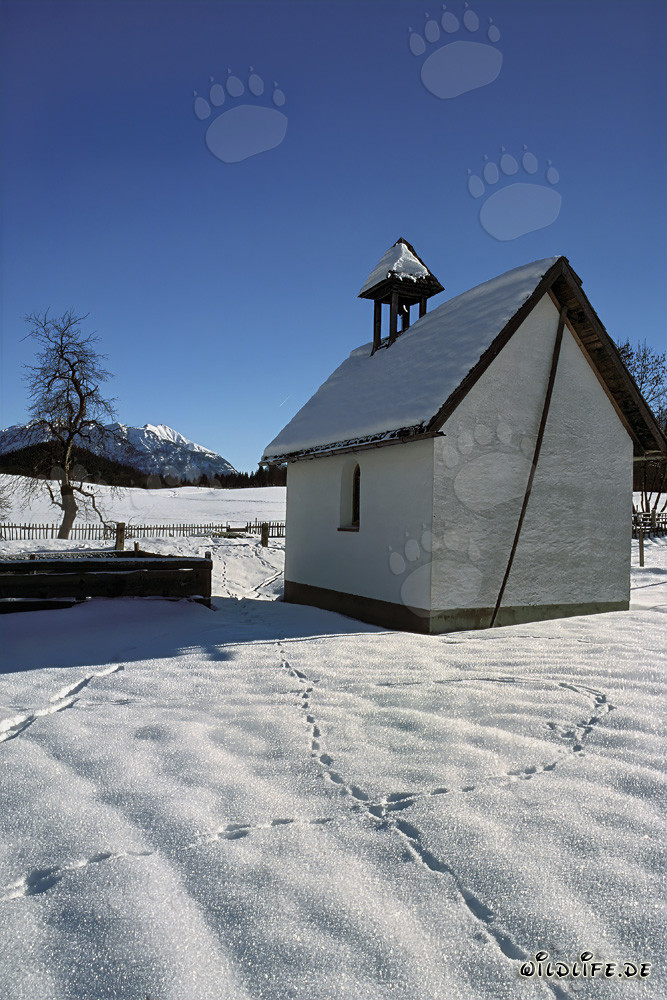 Romantische verschneite Kapelle in Bayern im Winter