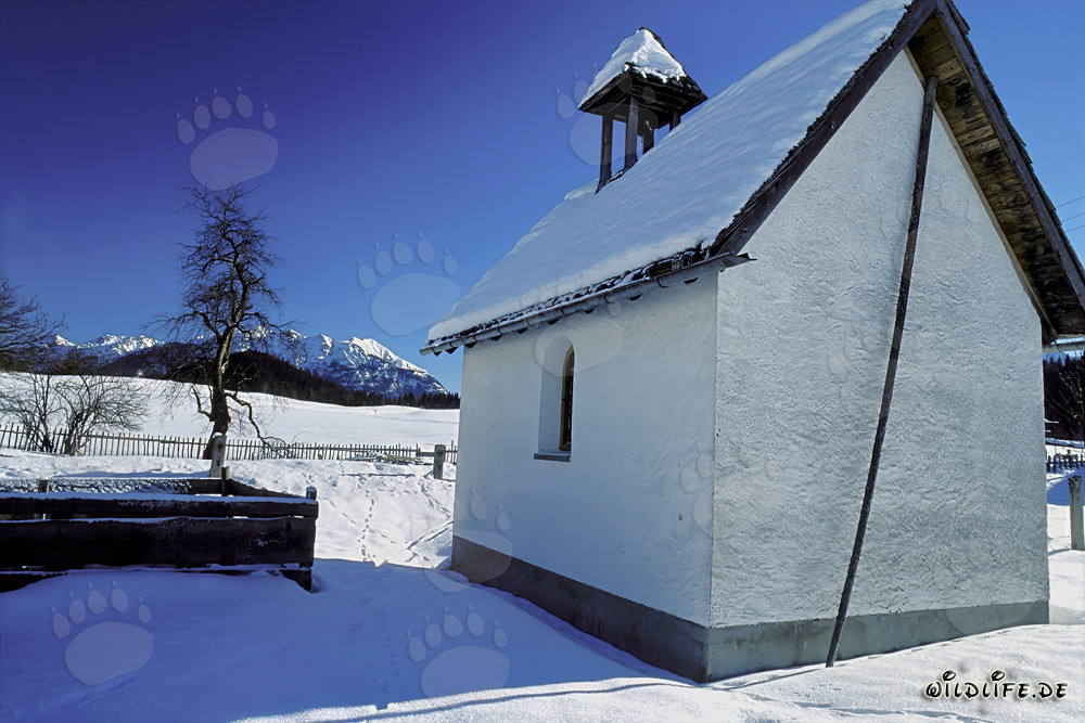 Stimmungsvolle Winterlandschaft mit einer verschneiten Kapelle in Bayern