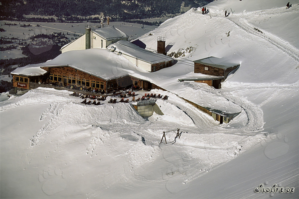 Winter landscape at the mountain station of the Karwendel cable car in Mittenwald