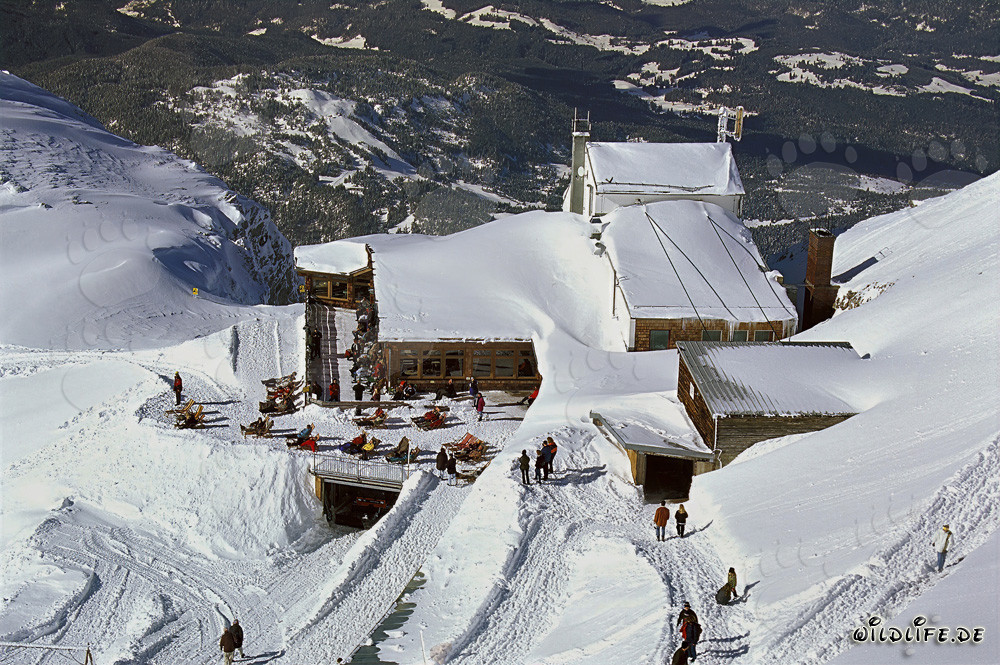 Idyllic winter landscape at the mountain station of the Karwendel cable car in Mittenwald