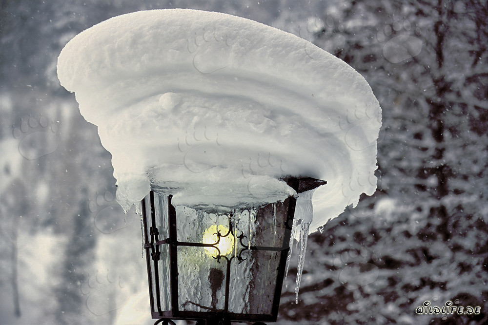 Atmosfera invernale romantica: Lampada innevata a Mittenwald