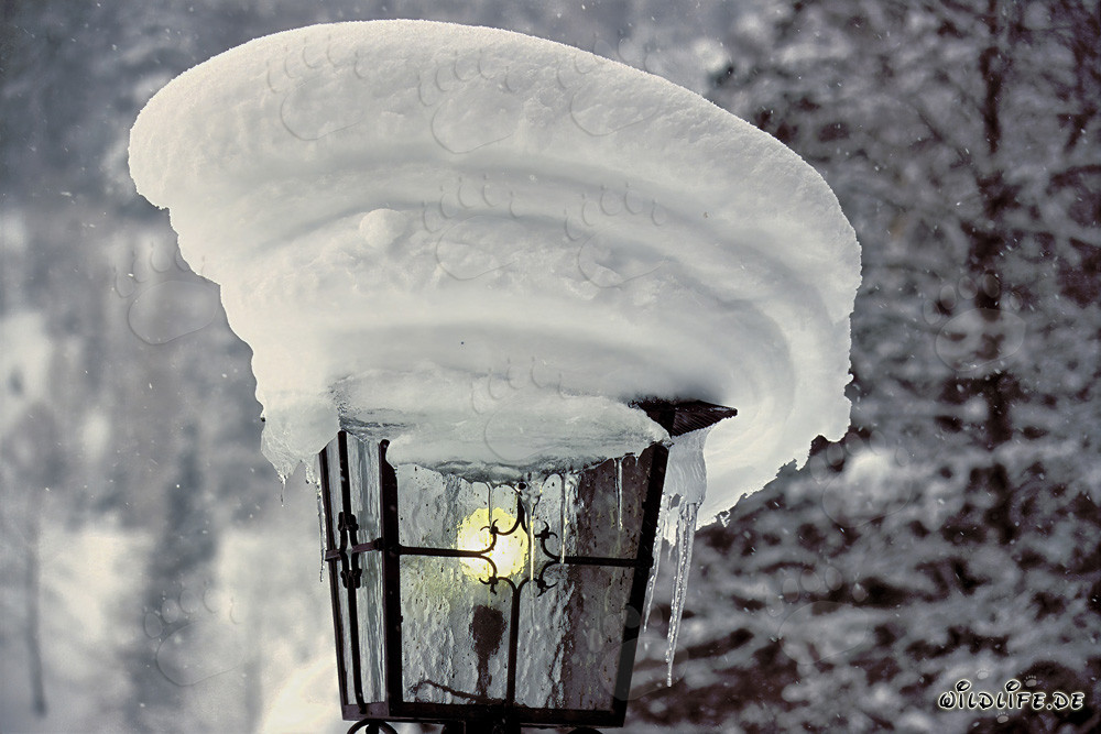 Romantische Winterstimmung: Verschneite Lampe in Mittenwald