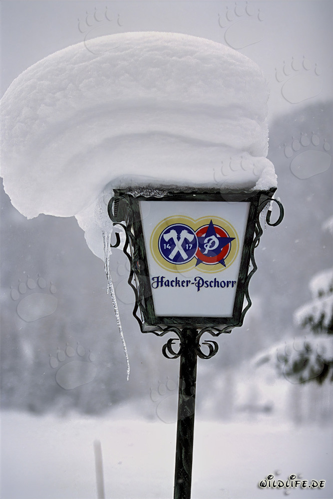 Idyllische Winterlandschaft mit verschneiter Lampe in Mittenwald, Bayern