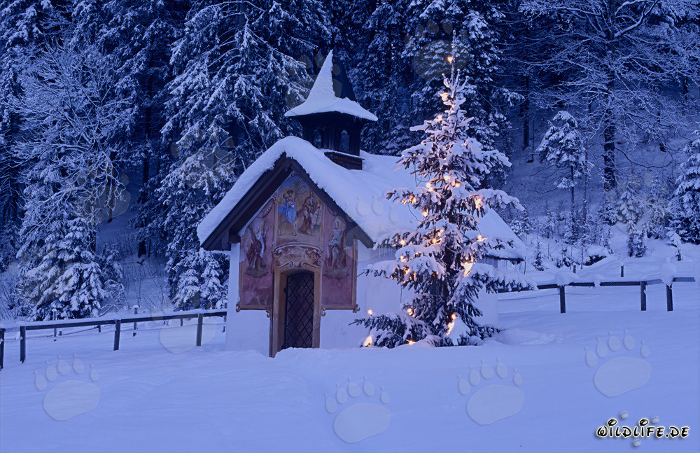Christmas in the Mountains with Traditional Chapel and Snow-Covered Peaks