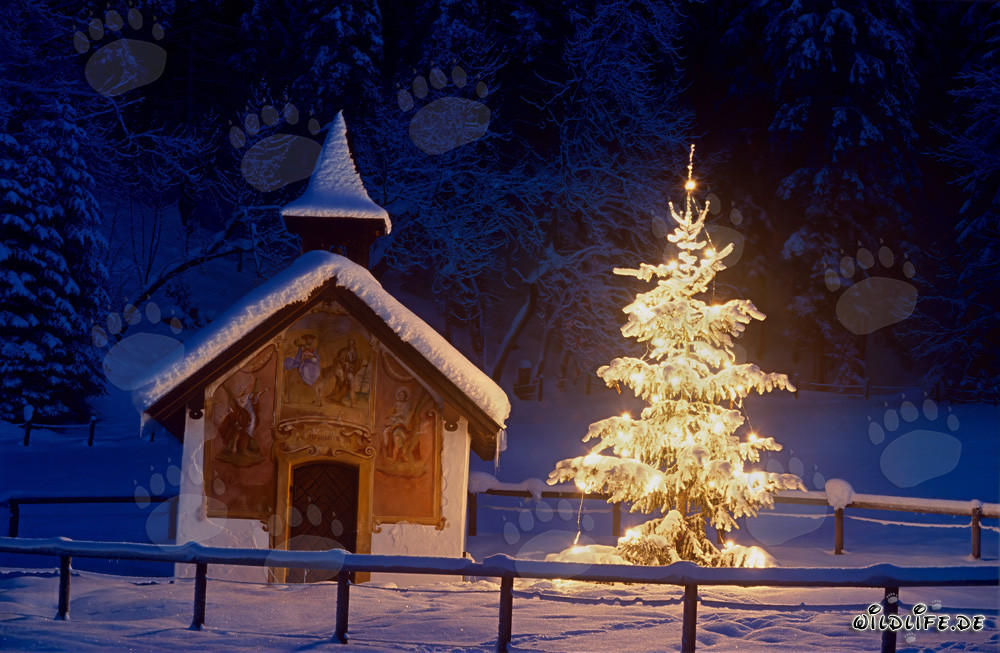 Idyllische Weihnachtskapelle in den bayerischen Alpen