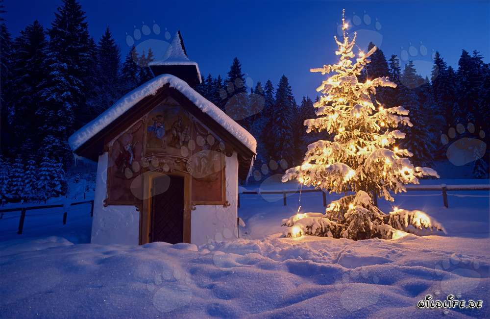 Romantische Weihnachtskapelle in den bayerischen Alpen