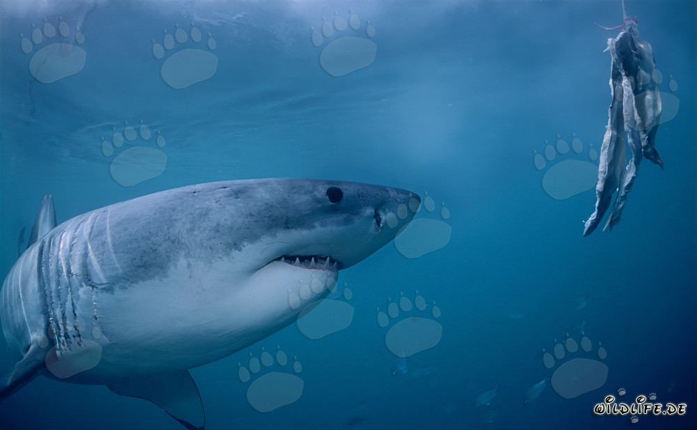 Great White Shark follows the bait in front of Dyer Island