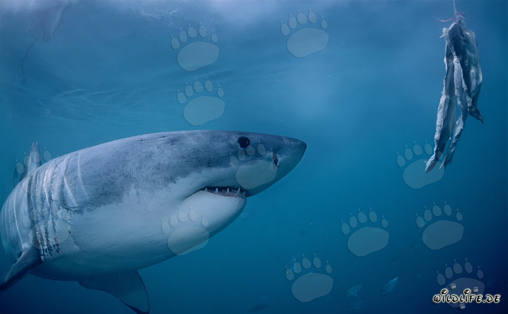 Requin blanc suit l'appât de poisson devant l'île Dyer