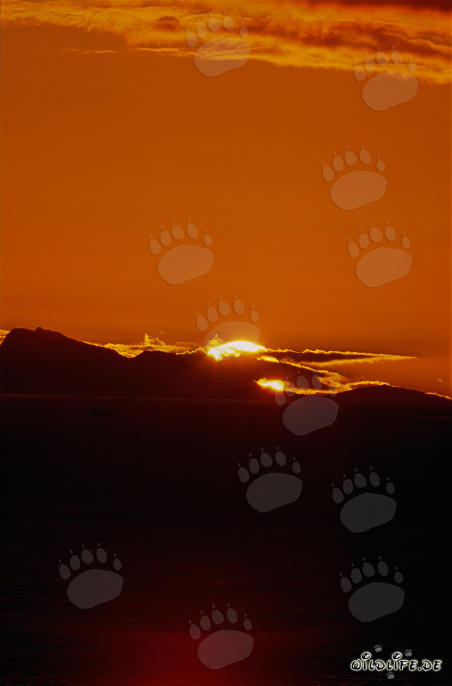 Romántica puesta de sol sobre el mar en Walker Bay, Sudáfrica