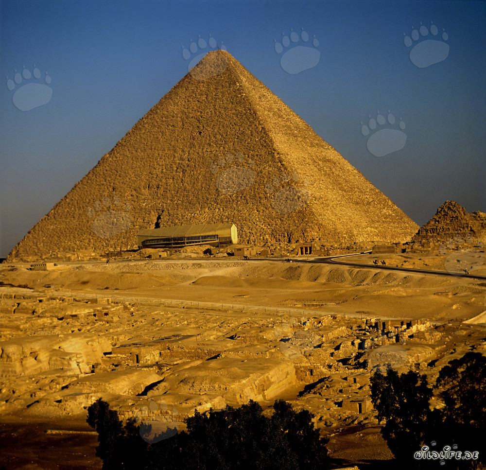 The majestic Great Pyramid of Khufu with the fascinating Boat Museum in Giza, Egypt