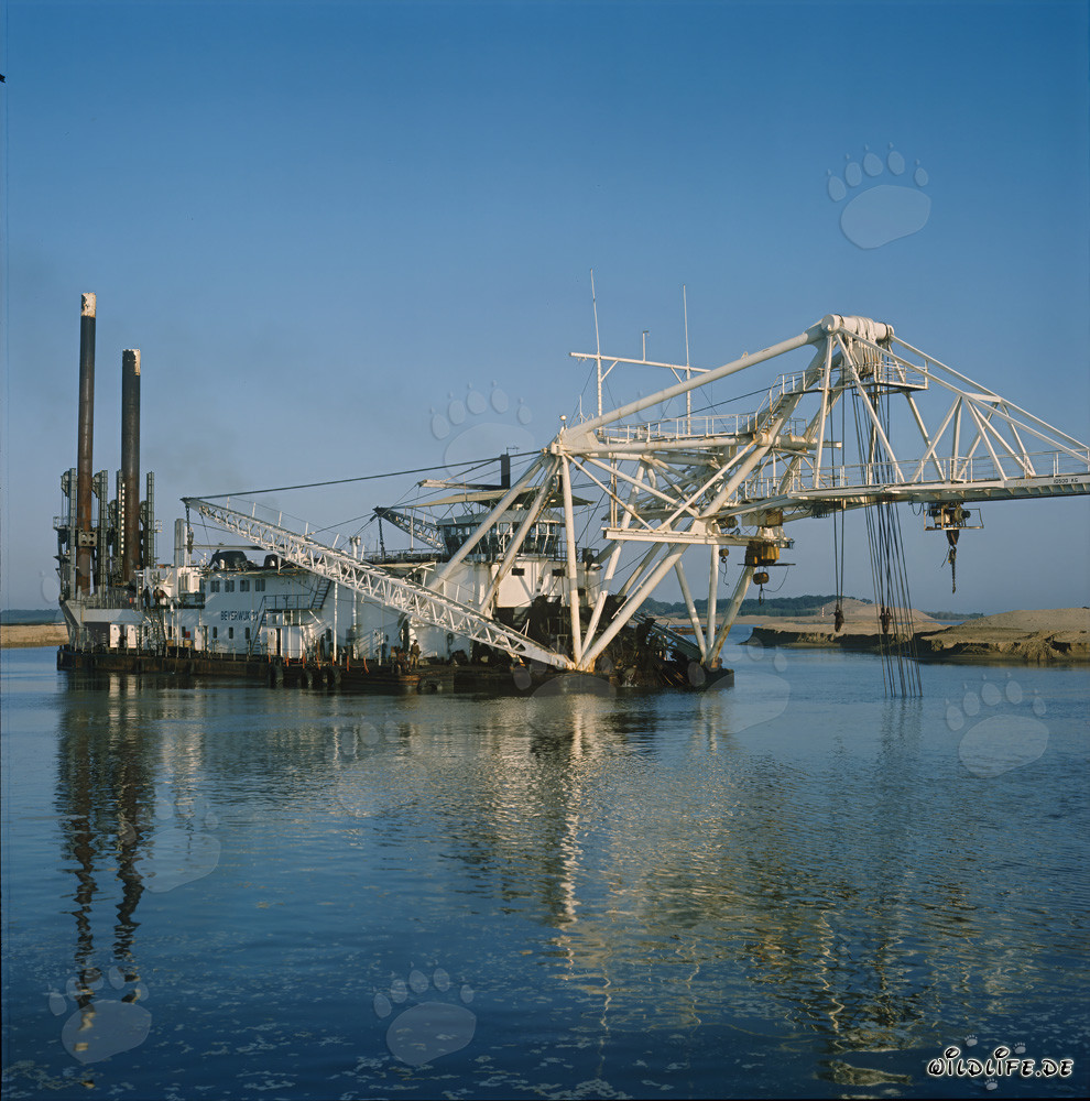 La draga succionadora de cabeza de corte Beverwijk 31 se refleja en el agua clara del puerto de Richards Bay en Sudáfrica