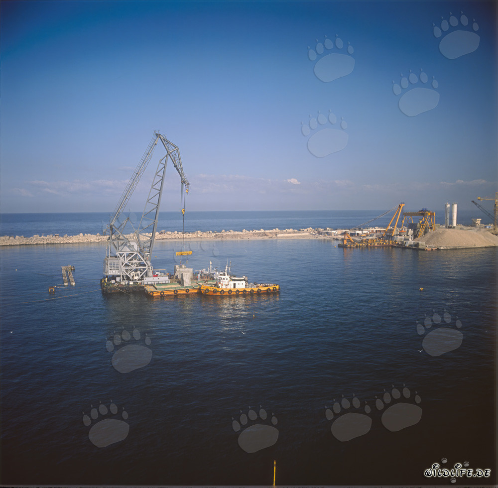 Colocación de bloques de hormigón con la grúa flotante 'Gamal' en el puerto de Ras el Tin, Alejandría