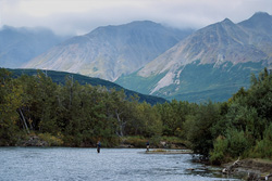 Photograph of fishermen fishing for salmon in the wilderness of Alaska