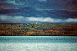 Un aereo da bosco in Alaska sopra il fiume Brooks