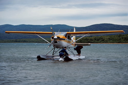 The bush plane lands at a remote location in the Katmai backcountry and flies back immediately. Unexpected weather changes