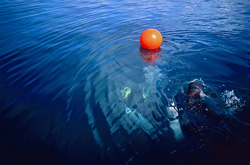 Biologist monitors border buoys in the Shark Fin Reef marine sanctuary on Beqa Island, Fiji