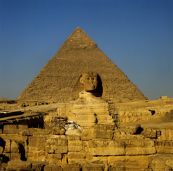 Impressive Great Sphinx and imposing Pyramid of Khafre in Giza