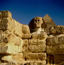 Impressive Great Sphinx of Giza with Chephren Pyramid in the background
