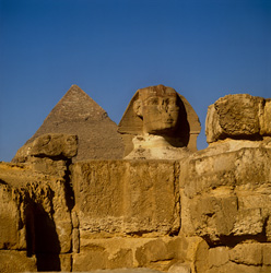 Fascinating front view of the Great Sphinx of Giza with Chephren Pyramid in the background