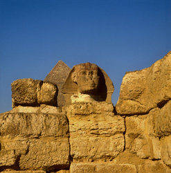 Impressive Great Sphinx of Giza with Chephren Pyramid in Egypt